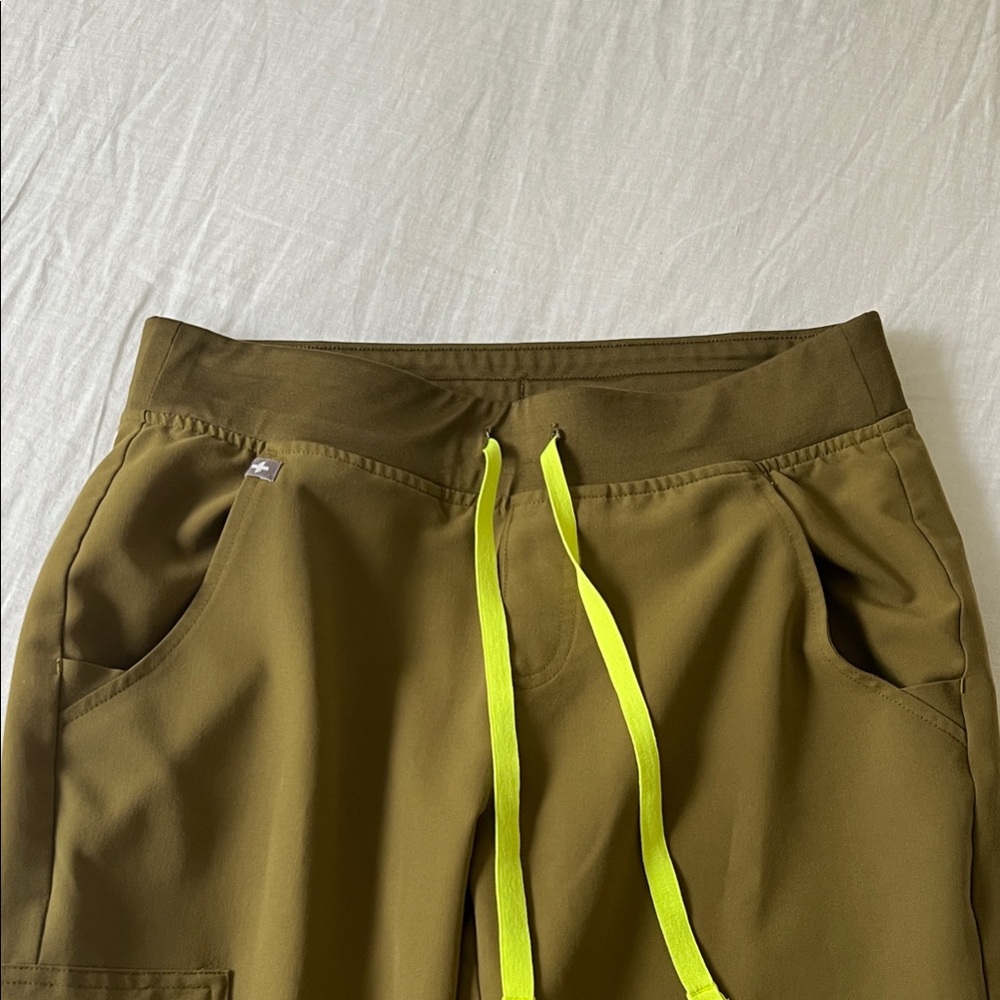 Figs scrubs. Zambora joggers in Olive with neon yellow drawstring